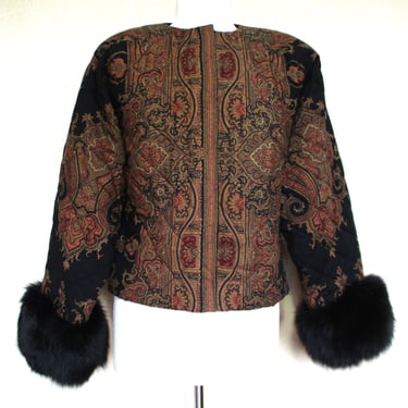 Vintage Gloria Sachs Jacket, Size 8 Women, Brown Black Quilted Wool, Fur Cuffs, Paisley Print 