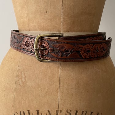 Vintage ‘70s top grain leather tooled belt, removable buckle, hippie boho belt 30 