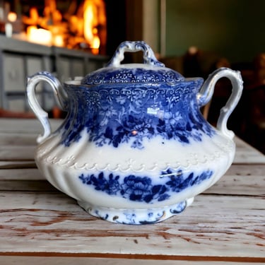 Antique Ridgways Dundee Flow Blue Sugar Bowl Royal Semi Porcelian 