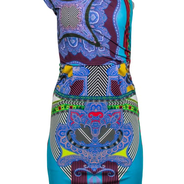Etro - Blue Multicolored Multi-Print One-Shoulder Sleeveless Sheath Dress Sz 4