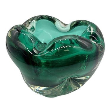 Hand Blown Emerald Green Murano Weighted Cased Art Glass Ashtray 