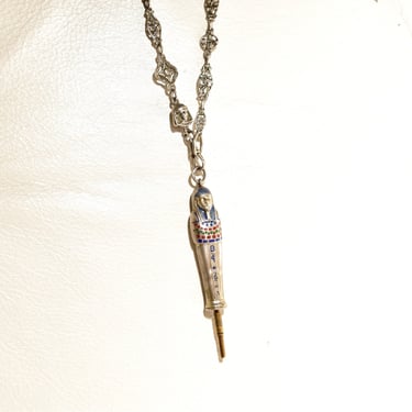 Vintage Art Deco Enameled Sterling Silver 'Mummy' Mechanical Pencil W/ Matching Chain, 1920's, Collectible Jewelry, 37 1/4" L 