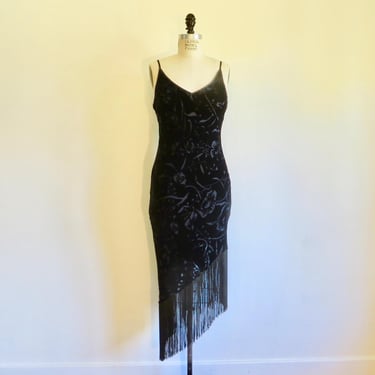 1990's Black Burnout Velvet Bias Cut Spaghetti Strap Midi Dress Fringe Hem Art Deco Spanish Dancer Style Formal Evening Party Robbie Bee S/M 