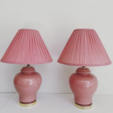 1970s Pink Cased Glass Urn Lamps & Shades - a Pair 