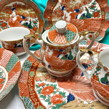 60 pieces of Beautiful Bold Peacock China~ , Tea Cups, Saucer set~ Asian Design of Gold, Orange, Green~  Japanese Amari Fine Chi 