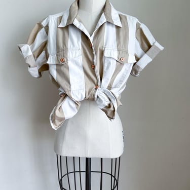 Vintage 1980s Tan & White Striped Blouse / M 