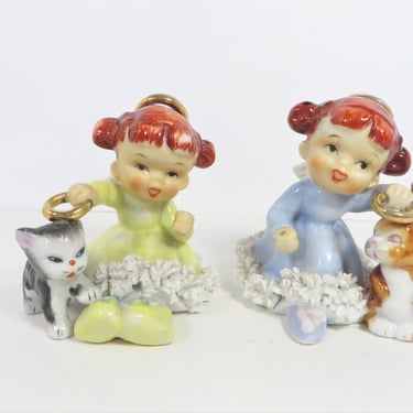 Mid Century Red Haired Angels with Angel Cat and Rabbit - Ardalt Figurine Girl Angel 
