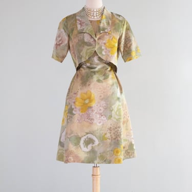 Stunning 1960's Silk Watercolor Floral Dress & Jacket Set / Medium