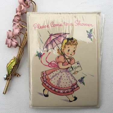 Vintage Mini Shower Invitations, Kitschy Girl In Pink, Original Packaging, Set Of 6, Wedding Shower, Baby Girl Shower 