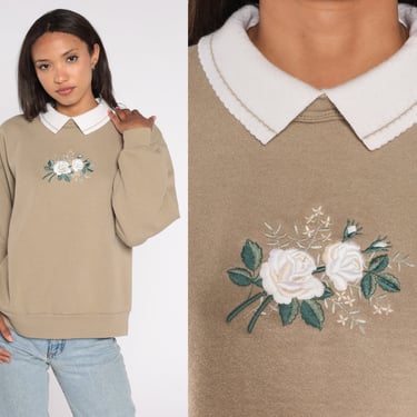 Collared Floral Sweatshirt Y2K Taupe Grandma Sweatshirt 00s Embroidered Rose Sweatshirt Vintage Slouchy Kawaii Graphic Morning Sun Large L 