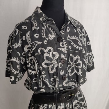 Vintage 80s 90s Paisley Floral Black and White Dress with Belt 