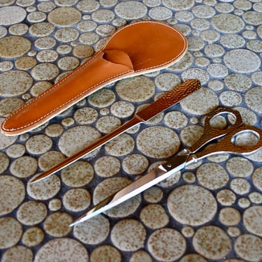 Midcentury Modern Stainless Steel Scissor and Letter Opener Desk Set with Leather Case Made in Germany, ca. 1970's 