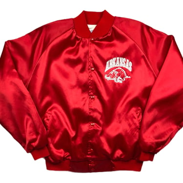 Vintage 80s University of Arkansas Razorbacks Made in USA Double Sided Satin Jacket Size Large 