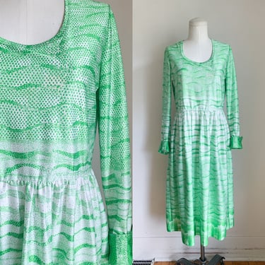 Vintage 1970s Lime Green Patterned Dress / M 