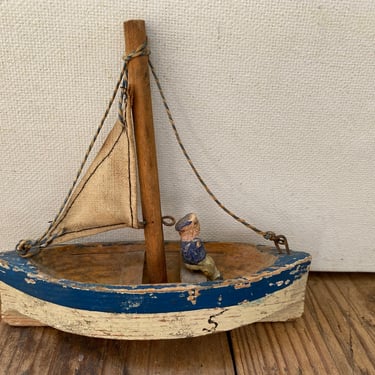 Vintage Hand Made Wooden Sailboat, Mini Wood Sailboat, Blue And White, Sailing, Beach Lake house, Toy Boat 