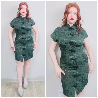 1990s La Belle Moss Green Acetate Mandarin Collar Dress / 90s / Nineties Floral Print Wiggle Dress/ Size Large 