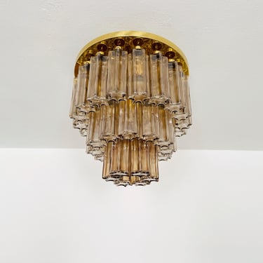 Large Mid-Century Modern Brass and Smoked Glass Chandelier by Glashütte Limburg | 1960s 