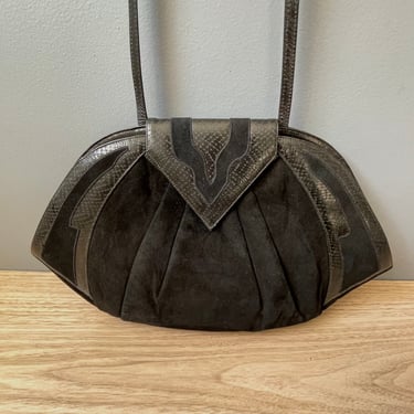 Gino suede and snakeskin leather shoulder bag - vintage black designer purse 