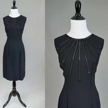 60s Little Black Dress - Satin Trim, Black Rhinestones - Sleeveless - LBD Party Dress - Vintage 1960s - M 