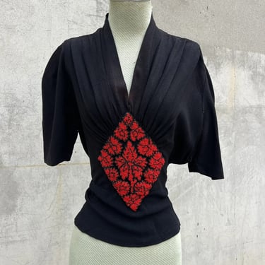 Vintage 1940s Black Rayon Blouse Red Beaded Leaves Gathered Bust Dress Top Shirt