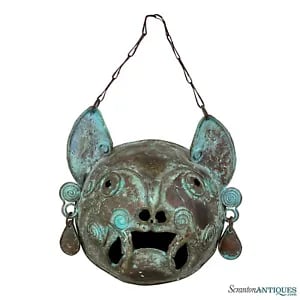 Vintage Traditional Mexican Copper Jaguar Cat Wall Hanging Ceremonial Mask