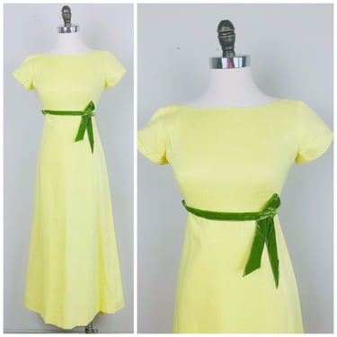 1960s Vintage Priscilla of Boston Pastel Yellow Linen Dress / 60s / Sixties Velvet Green Ribbon Empire Waist Maxi Dress / Small 
