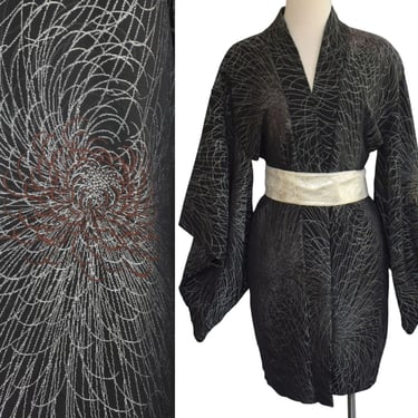 Vintage 30s Rayon Short Kimono Robe, Japanese Haori, Metallic Silver Chrysanthemums, Japan, Size S Small 