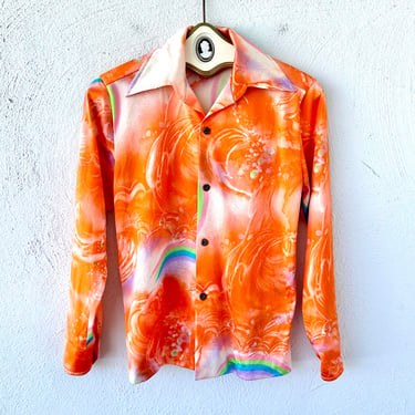 Vintage 70s Hawaiian Large Collar Shirt 1970s Bright Disco Butterfly Collar Top 