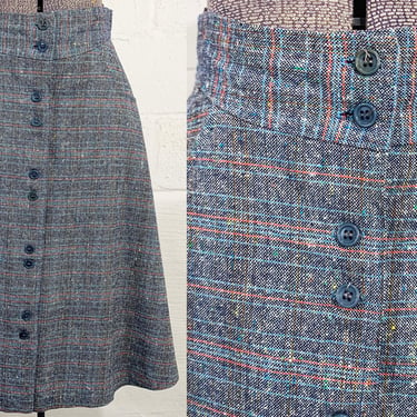 Vintage Plaid Skirt Button Front Gray Nubby Schoolgirl Knee Length Boho Mod A-Line Small 1960s 