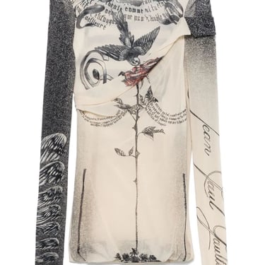 Jean Paul Gaultier Women Mesh Top Double Layer Printed "Tattoo Rose & Bird"