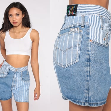 Striped Jean Shorts 90s Blue Shorts Color Block Steel Denim Shorts High Waisted Shorts 1990s Vintage 80s Retro Summer Small 28 