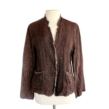 Vintage Y2K Eileen Fisher Brown Linen Jacket Raw Edge Button Down/ M 