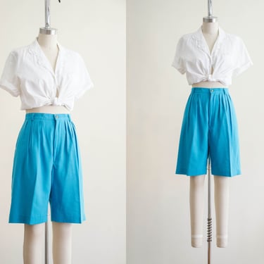 high waisted shorts | 80s turquoise blue linen style long vintage shorts 