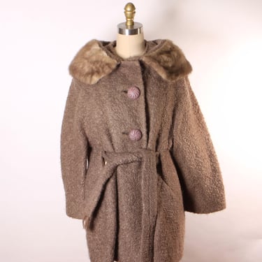 1950s Purple Gray Brown Long Sleeve Interior Belt Mink Fur Trim Collar Coat -L-XL 