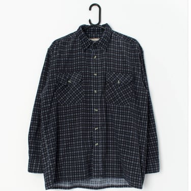 Vintage cord shirt in navy blue with white plaid design - Large 