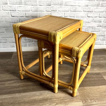 Vintage Rattan Nesting Tables | Bamboo Table Set | Rattan Side Table | End Tables 