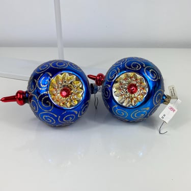 Vintage Triple Indent Gold Swirl West German Glass Ornament set, Blue, Gold, Red Silver w/Red Finial Bottom, Saks Fifth Avenue 1982 Ornament 