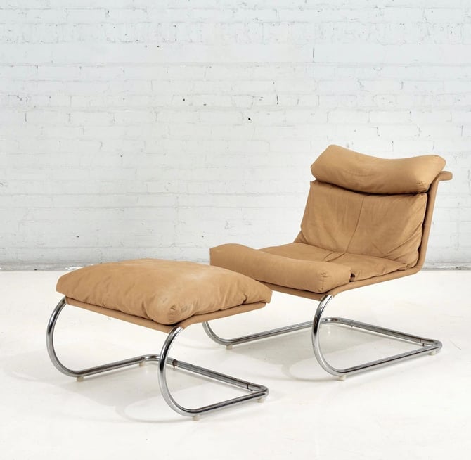 Stainless Steel and Canvas Cantilever MR Lounge Chair \u0026 Ottoman after Mies van der Rohe