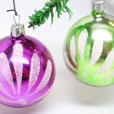 2 Antique 1950's Painted Mercury Glass Christmas Tree Ornaments with Glittered Flowers, Vintage Holiday Decor 