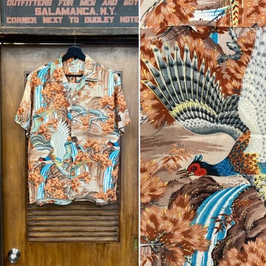 Vintage 1950’s “Penney’s” Asian Japan Bird Rayon Hawaiian Tiki Short Sleeve Shirt, Loop Collar, Original, 50’s Vintage Clothing 