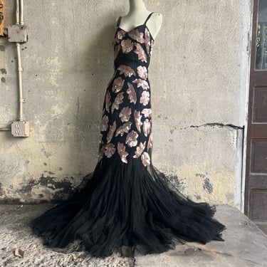 Vintage 1930s Black & Pink Net Dress Sequin Appliqués Mermaid Tail Deco Gown