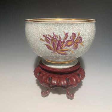 Vintage Royal Copenhagen Denmark Porcelain Crackle Glaze Bowl W/ Flower Decoration 