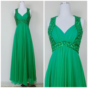 1960s Vintage Emerald Green Mike Benet Empire Waist Gown / 60s / Sixties Sequin Shel Bust Maxi Dress / XS 