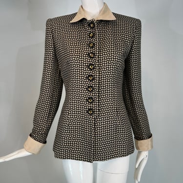 Christian Dior 1990s Black & Cream Woven Check Jacket with Button Collar & Cuffs