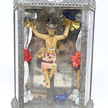 Antique Jesus on Cross Santos in Nicho, Religious Crucifix Mexican  Altar Shrine,  Vintage  Folk Art 