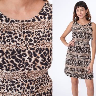 Leopard Print Dress 90s Dress Animal Print Dress Mini Shift Vintage Tank Dress Sleeveless Party Cheetah Spot Sheath 1990s Rayon Small 