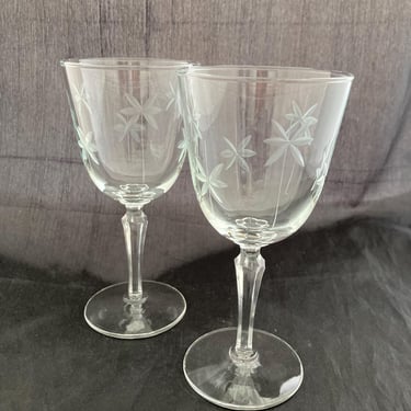 SET OF 2 Mid Century Modern Wine Glasses, Etched Stars, Atomic Stardust, 8 OZ, Libbey Candlelight, 1930s Art Deco Antique Large Wine Goblets 