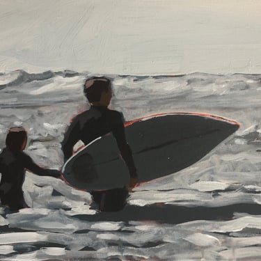 Surfers #11 - Original Acrylic Painting on Canvas 16 x 12, michael van, gray, surf, boards, ocean, waves, sand, beach, surfing, father 