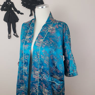 Vintage 1950's Blue Floral Jacket / 60s Rayon Brocade Robe M/L 