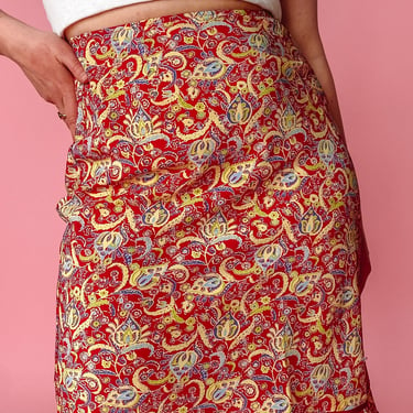 Y2K Red and Yellow Paisley Midi Skirt, sz. S/M